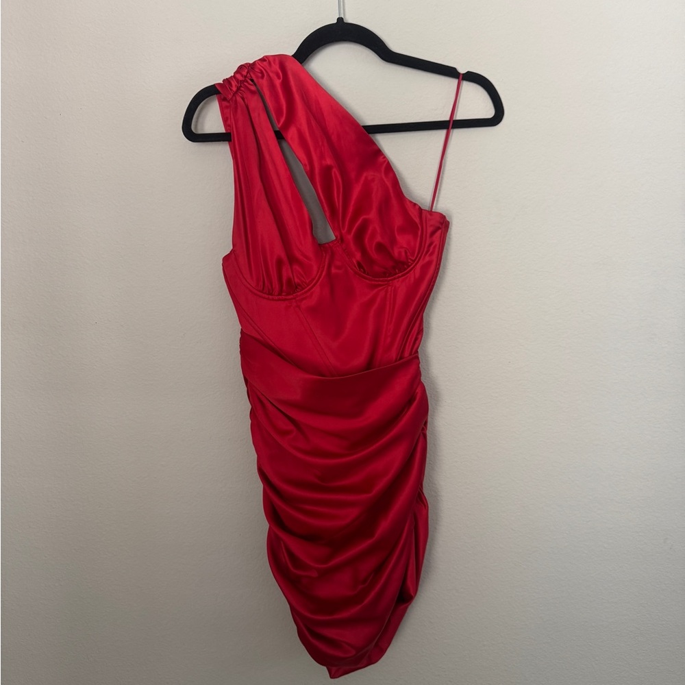 Red One-Shoulder Satin Ruched Dress with Underwire Cups